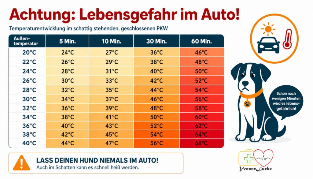 Temperaturentwicklung im schattig geparkten Auto — schon nach wenigen Minuten wird es lebensgefährlich.